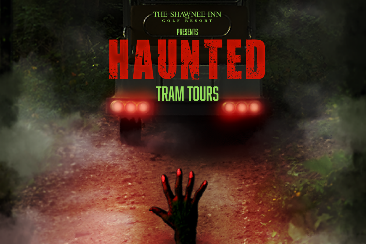 Zombie hand sticking out of dirt, text overlay is Shawnee Inn and Golf Resort's logo followed by "Presents: HAUNTED Tram Tours"