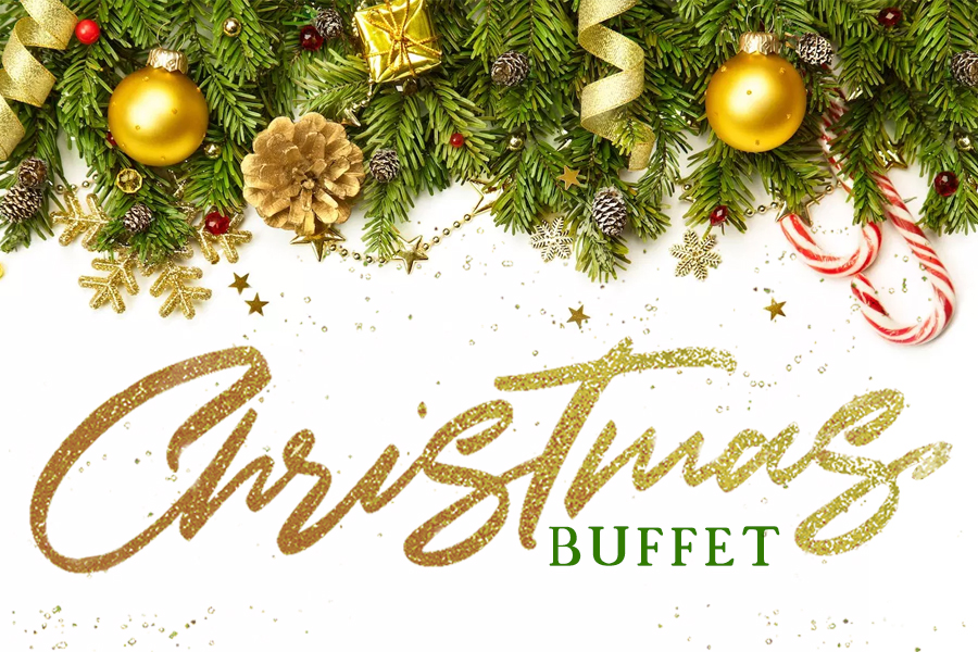 Garland, Christmas ornaments, and candy canes above a text overlay that reads "Christmas Buffet"